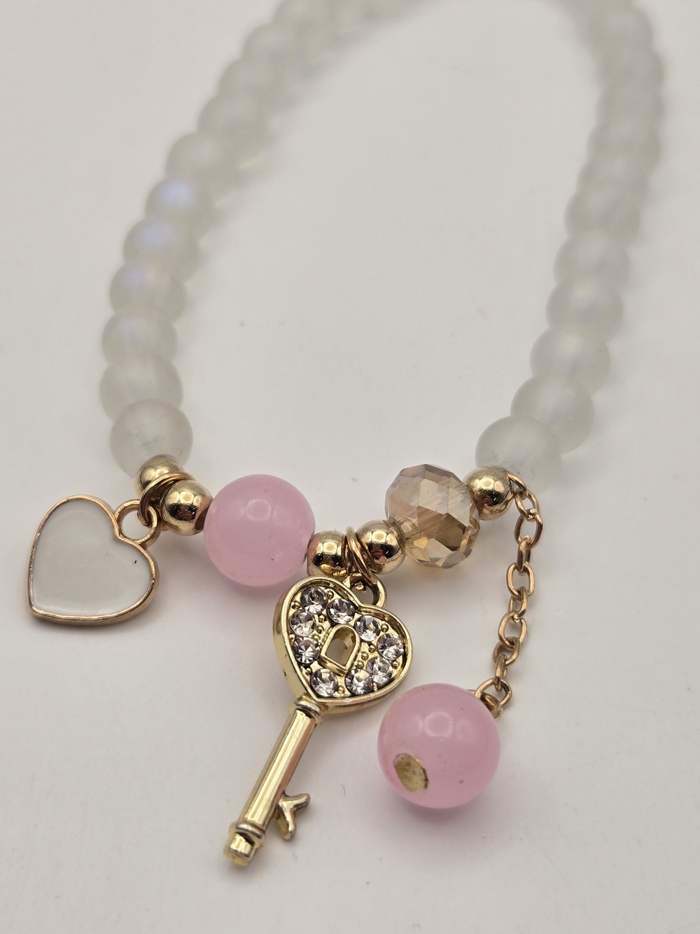 6mm Gold Key & Heart Charm Bracelet with Pink Accents - Women Jewelry - Picture 3 of 3